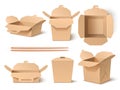 Brown wok box and chopsticks. Realistic takeaway noodles and rice containers, bamboo chopsticks mockup, craft paper Royalty Free Stock Photo