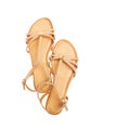 Brown women`s leather sandals isolated on white background. Clipping path. Top view Royalty Free Stock Photo