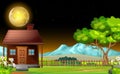 Brown Wood House In Grass Field In Moonlight And Mountain Range Cartoon