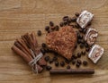 Brown wood panel coffee bean and turkish delight cinnamon cookie chocolate stick wood texture