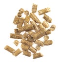 Brown wood pellets  isolated white background. natural pile of wood pellets. organic biofuels texture. Alternative biofuel from Royalty Free Stock Photo