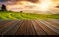 Brown wood table in summer farm green landscape. Royalty Free Stock Photo