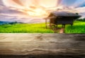 Brown wood table in summer farm green landscape. Royalty Free Stock Photo