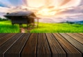 Brown wood table in summer farm green landscape Royalty Free Stock Photo