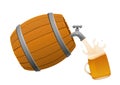 Brown wooden barrel and beer mug full