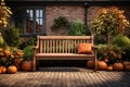 Brown Wooden Bench with Pumpkins in Park Near Home at Autumn Fall Season Royalty Free Stock Photo