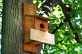 Nature\'s Haven: Brown Wooden Birdhouse Providing Shelter in the Forest Park