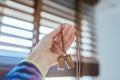 Brown wooden blinds in the interior close-up Royalty Free Stock Photo