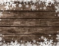 Brown Wooden christmas background with blurred white snowflakes, vector illustration