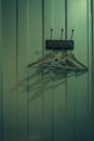 Brown wooden cloth hanger with shadow hanging on metal hook on wooden wall background. Empty coat hanger in white vintage room.