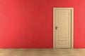 Brown wooden door on red wall