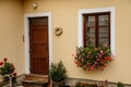 Brown wooden door and vintage window with a red and pink flowers in a pot on a beige wall. Typical beautiful streets of the
