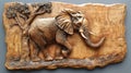 Brown Wooden Elephant Sculpture with Tree Relief Carving Royalty Free Stock Photo