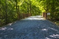 Brown wooden fence paved bridge walking trail distant view