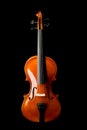 Brown wooden fiddle or violin, classic musical instrument, isolated on black background, flat lay top view from above