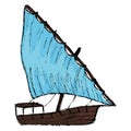 Brown wooden fishing boat with a blue sail, isolated on a transparent background