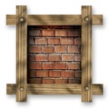 Brown wooden frame against a white background with red brick wall, copy space in the center Royalty Free Stock Photo