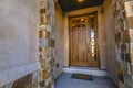 Brown wooden front door with panel windows Royalty Free Stock Photo