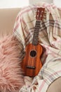 Brown wooden guitar on sofa Royalty Free Stock Photo
