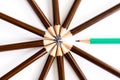 Brown wooden pencil arrange as circular with one of different pencil try to close the gap on white background , un matching and co Royalty Free Stock Photo