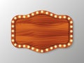 Brown wooden polygonal board with light bulbs on a wall. Vector illustration