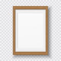 Brown wooden rectangle frame with soft shadow for text or picture is on squared white background