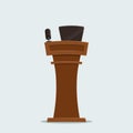 Brown wooden rostrum isolated on white background. Vector illustration of podium with microphone and laptop. Tribune for lecture