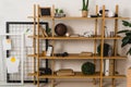 brown wooden shelves with stuff