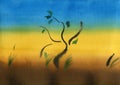 Brown, yellow and blue watercolor hand drawn abstract background with painted tree Royalty Free Stock Photo