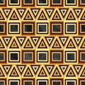 Brown and yellow geometric square and triangles based on indigenous art over dark water color effect