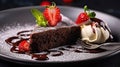 Brownie Cake Bliss with Vanilla Ice Cream and Fresh Strawberries. Generative AI Royalty Free Stock Photo