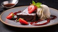 Brownie Cake Bliss with Vanilla Ice Cream and Fresh Strawberries. Generative AI Royalty Free Stock Photo