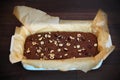 Brownie cake with hazelnuts in ceramic baking dish