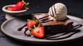 Brownie cake with a scoop of vanilla ice cream and strawberries. Generative AI Royalty Free Stock Photo