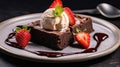 Brownie cake with a scoop of vanilla ice cream and strawberries. Generative AI Royalty Free Stock Photo