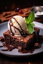 Brownie chocolate cake with a scoop of ice cream Royalty Free Stock Photo