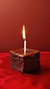 Brownie With One Candle On A Red Background. Generative AI