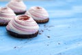 Brownie, white-pink marshmallows, jam, cookies, chocolate on a blue background. Close-up. Place for text