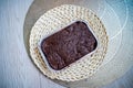 Brownies in an alumminium tray. Copy space Royalty Free Stock Photo