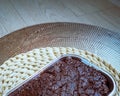 Brownies in an aluminium tray. Copy space Royalty Free Stock Photo