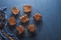 Brownies cake squares on cooling rack. Chocolate fudge brownies Royalty Free Stock Photo
