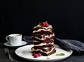 Brownies-cheesecake tower with raspberries on Royalty Free Stock Photo