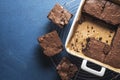 Brownies in a pan and on a cooling tray. Homemade brownies Royalty Free Stock Photo