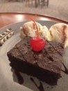 Brownies with Red Cerry and Ice Cream Vanilla