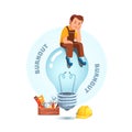 Sad depressed worker sitting on idea light bulb Royalty Free Stock Photo