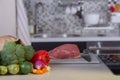 Brownpaper Bag Full of Green Vegetables and Cut of Beef Royalty Free Stock Photo