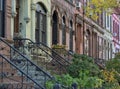 brownstone detail (colorful historic brick residential buildings in brooklyn) nyc homes on a tree lined block in autumn