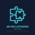 Browser add neon thin line icon: two details of puzzle. Modern vector illustration