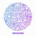 Browser concept in circle with thin line icons: add-ons, extension, customize browser, sync between devices, bookmark, private, ad