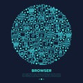 Browser concept in circle with thin line neon icons: add-ons, extension, customize browser, sync between devices, bookmark,